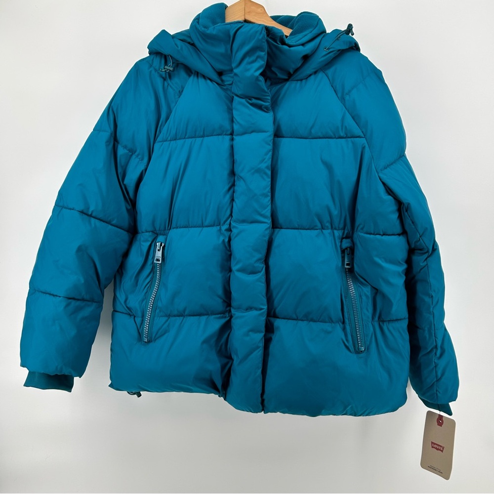 Levis Womens XL High Loft Insulated Puffer Jacket Teal Blue Hooded Thermal NWT